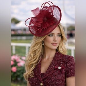 Wine Red Flower Feather Fascinator Derby Hat Tea Garden Party Race Day Headwear